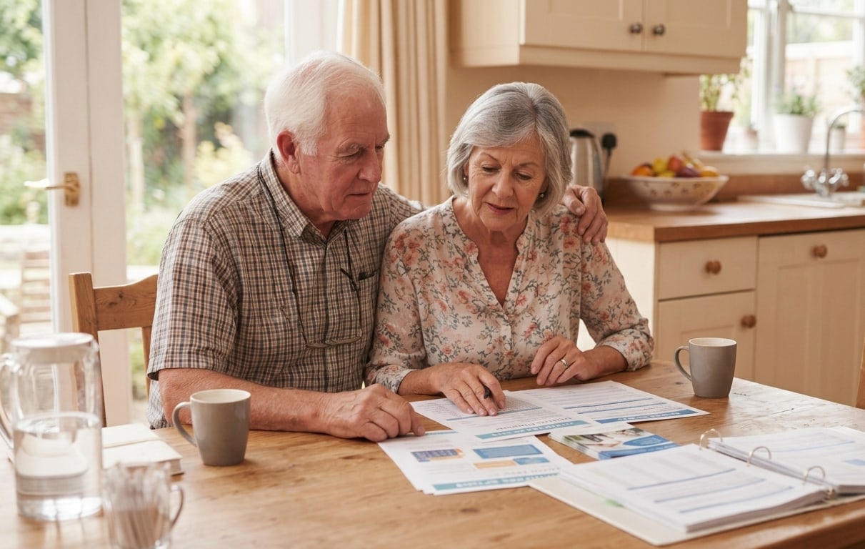A senior couple sitting together at home